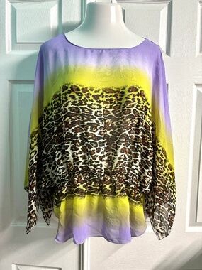 Women's Wild Ombre & Leopard Chiffon Jagged Sleeve Tunic Top~XL~MADISON PAIGE